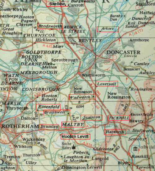 Map showing the Maltby / Tickhill area of Yorkshire